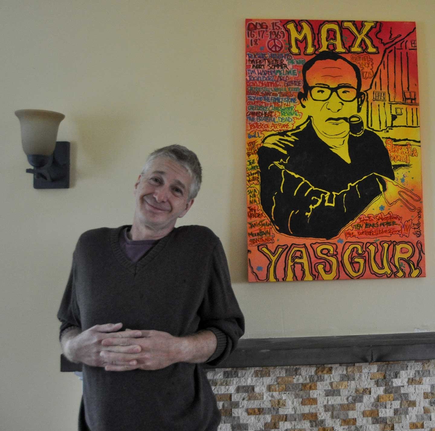 Painter Glenn Gerson has created some artwork, like this portrait of Max Yasgur, specifically for the bed and breakfast in Bethel, NY.