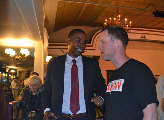 Democratic candidate Antonio Degaldo chats with Tri-Valley teacher and union activist Matt Haynes.