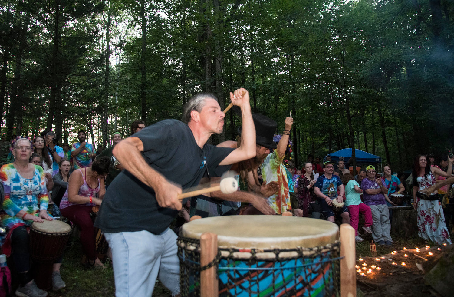 The annual Yasgur Road Reunion drum circle in motion.