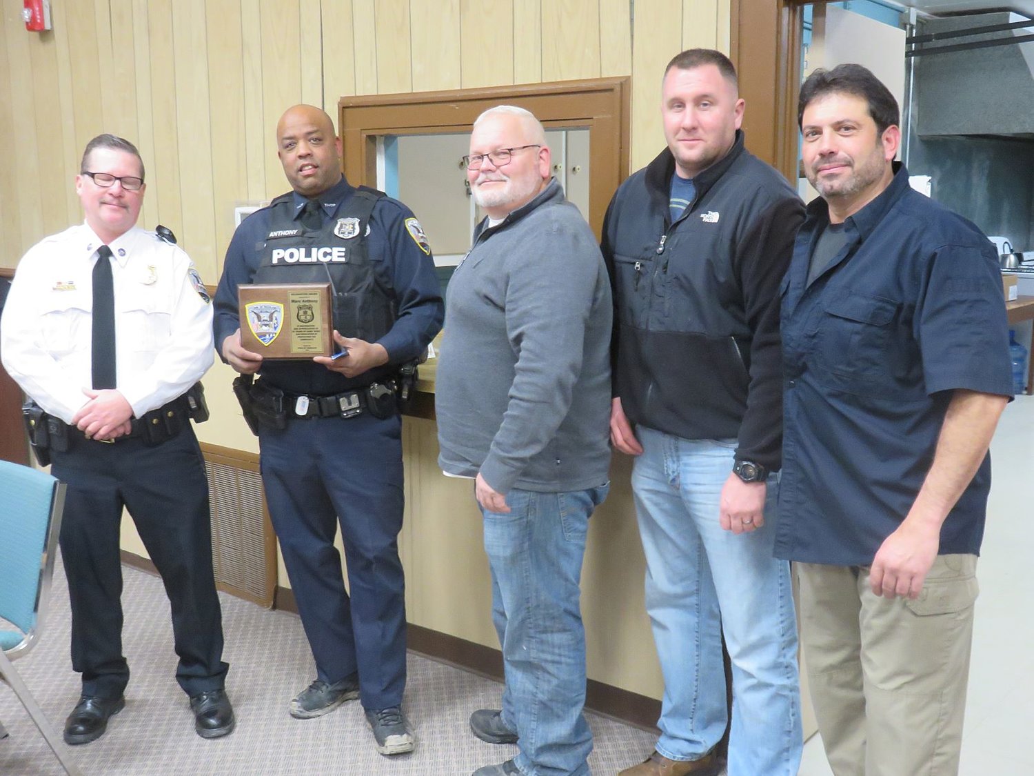 The patrol activities of Town of Highland Constable Chief Mike Walton, left, and constables Marc Anthony, Scott VanTuyl, Stephen Milisauskis and John Arias are temporarily suspended. This photo was on the occasion of commemorating Anthony's 30 years of service to the town on December 10, 2019.