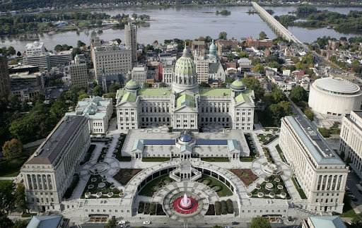 The Susquehanna River is seen in the background of this aerial photograph of the  Capitol complex in Harrisburg, Pa.,  Oct. 19, 2005.