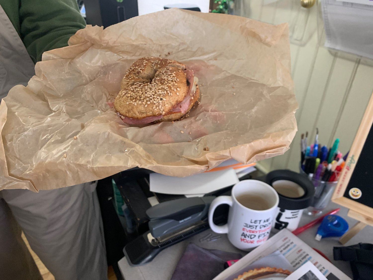 Each morning, I offer Amanda a half of a bagel sandwich --  a little "Breakfast" nosh. This was the first of my fourth bagel batch. "I used some rye flour this time. They are a little bit denser.