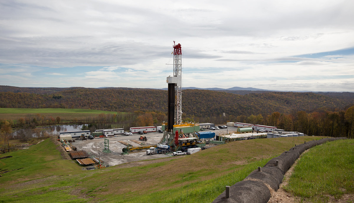 Cabot Oil & Gas Corporation has six drill rigs running in Susquehanna County, Pennsylvania.  This rig is the most recent as of October 2013 in Kingsley, Pa.   (Lindsay Lazarski/WHYY)