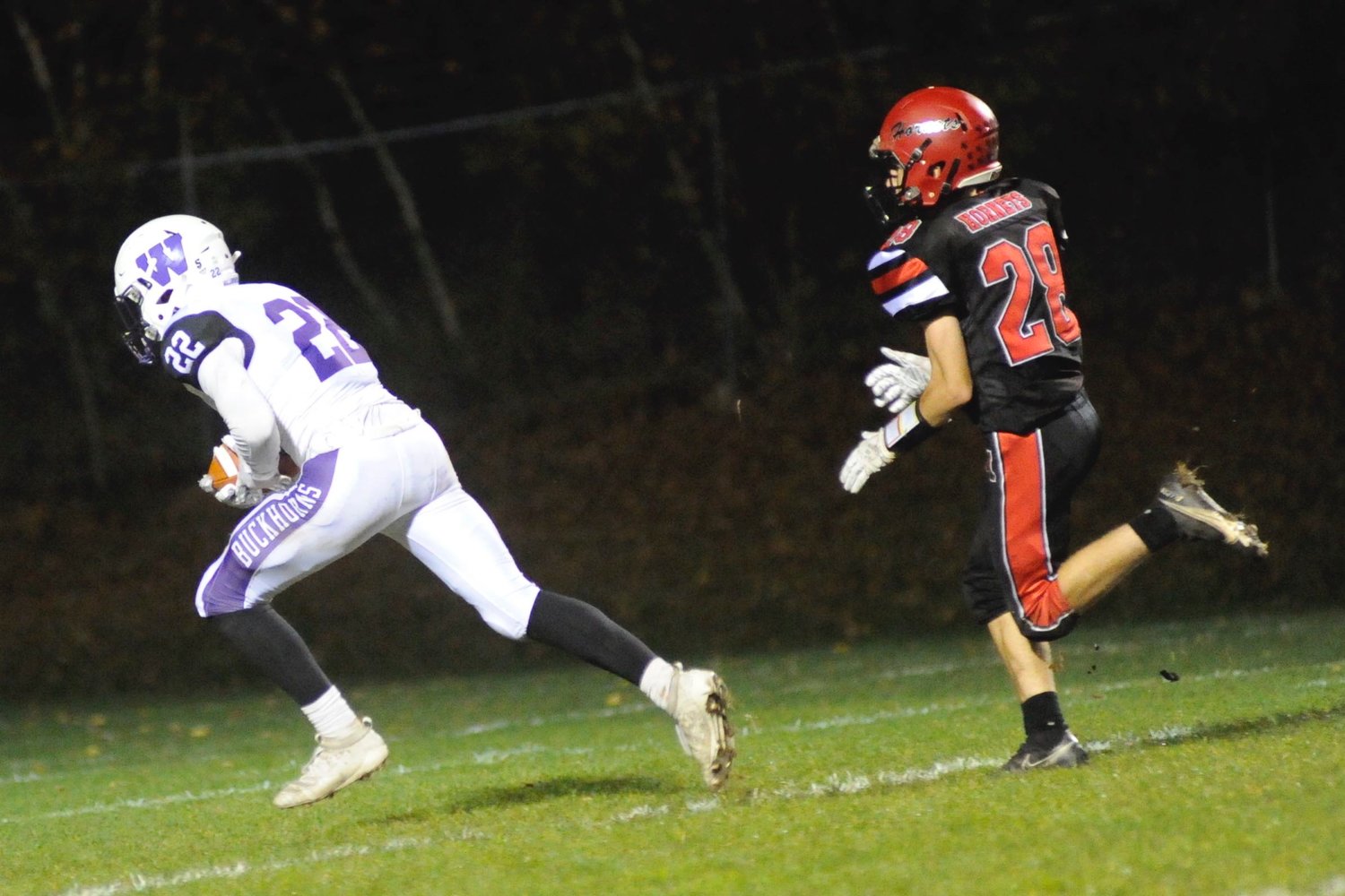 Touchdown bound. Wallenpaupack’s TJ Schmalzle scores the first touchdown of the game on a 48-yard reception from QB Alex Gardsy in the second frame as Honesdale’s Kage Southerton gives chase.