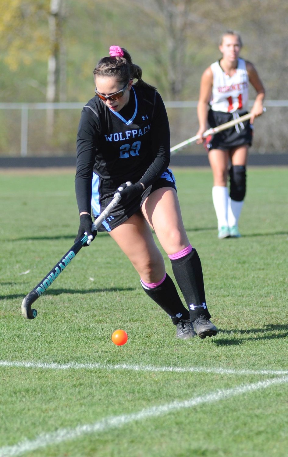 In control. Wilkes Barre’s Mia Manganello-Czapla moves the ball upfield. Honesdale’s Leah Krol, who scored the Hornets' second goal, is pictured in the background.