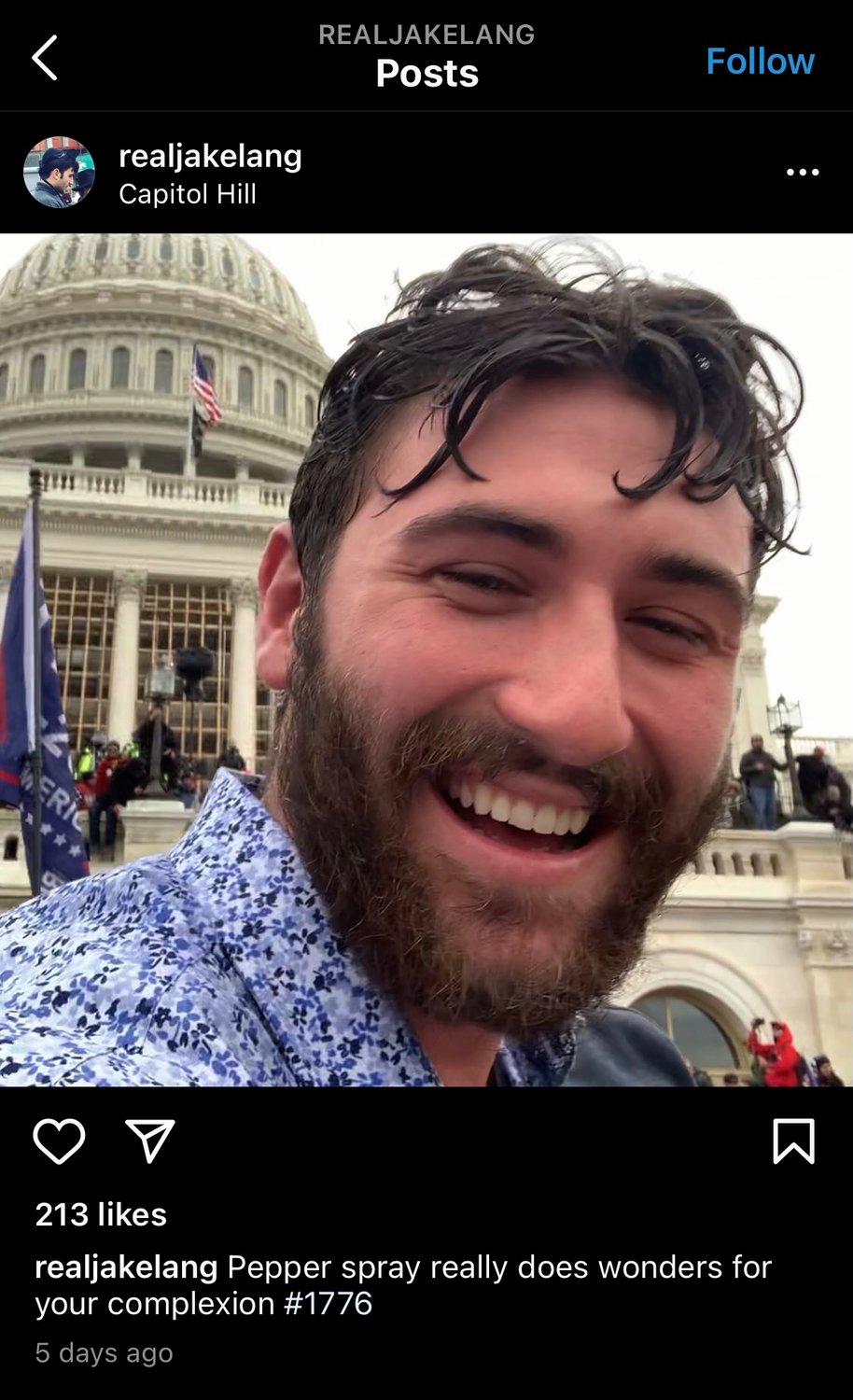 Edward Jake Lang posted this photo to his Instagram account, which is no longer available, with this caption: “Pepper spray really does wonders for your complexion.”