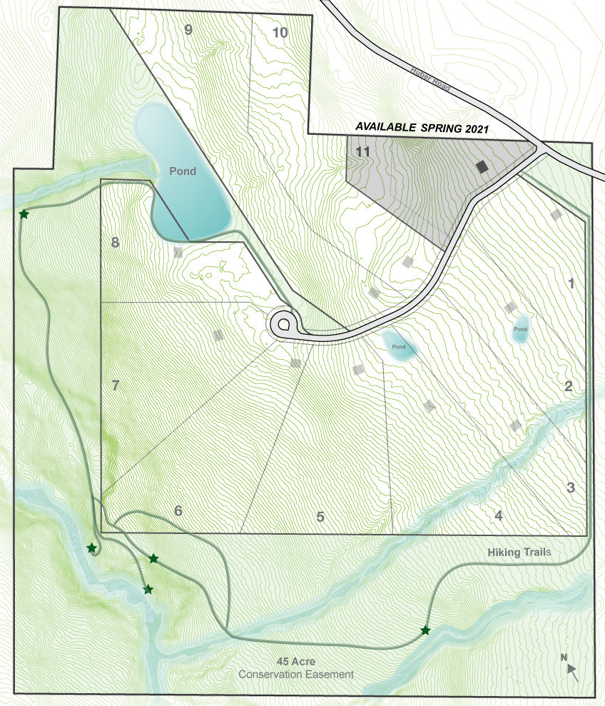 This map view of the site shows its 11 different lots, as well as the 45 acre conservation easement shared by Catskill Project homeowners, outfitted with hiking trails, shelters and lookout points.