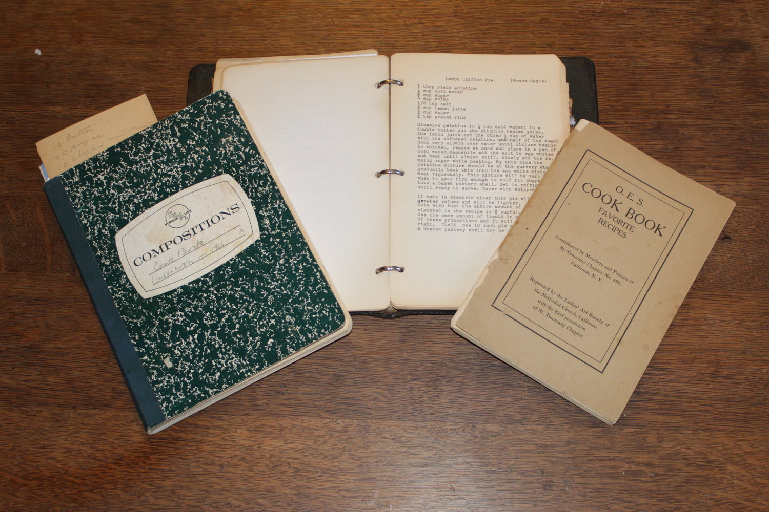 Some of Great-Grandmother Anna Schuster’s cookbooks; two are her own recipe collections and one is from the St. Tammany Chapter of, maybe, the Eastern Star? Reprinted by the Methodist Ladies’ Aid Society.