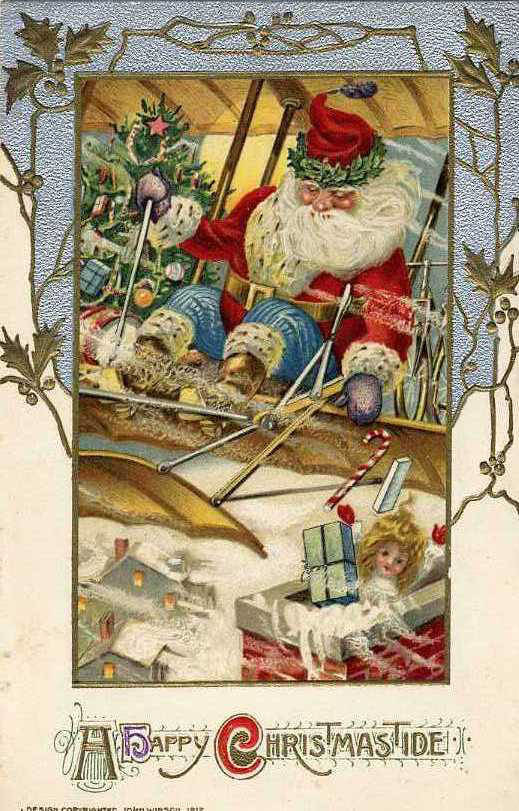 Modern Santa flies a biplane in this vintage holiday postcard.