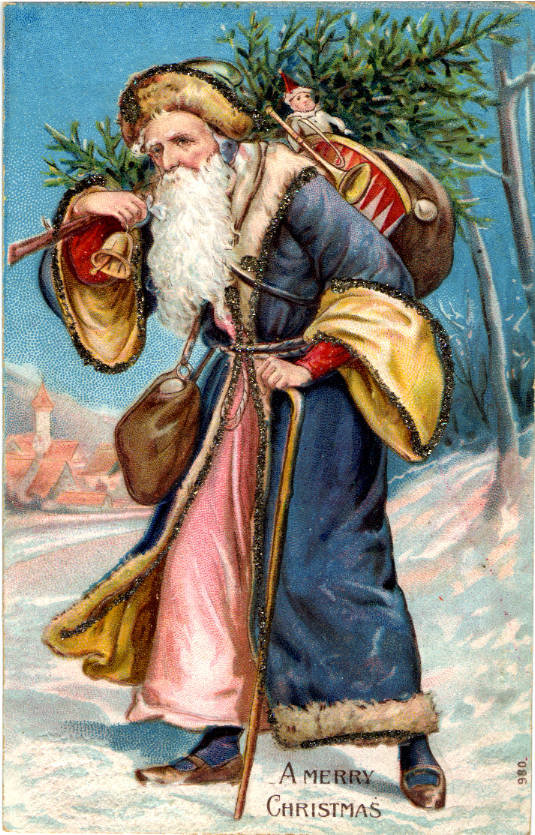 Santa delivers trees as well as presents in this vintage holiday postcard.