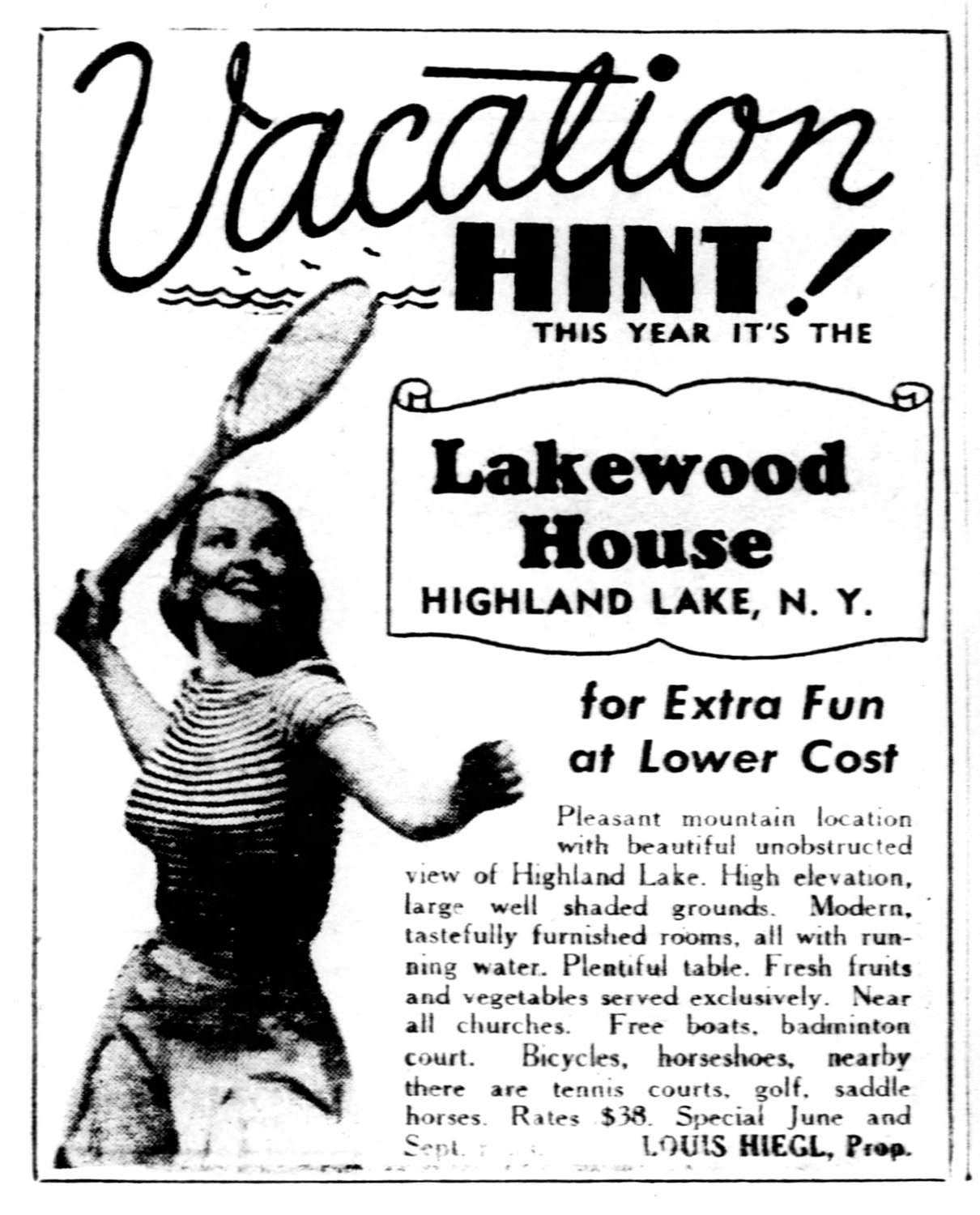 Visit the Lakewood House for extra fun at lower cost! An image of bygone times, this ad reminds us about the boardinghouse days on Highland Lake.